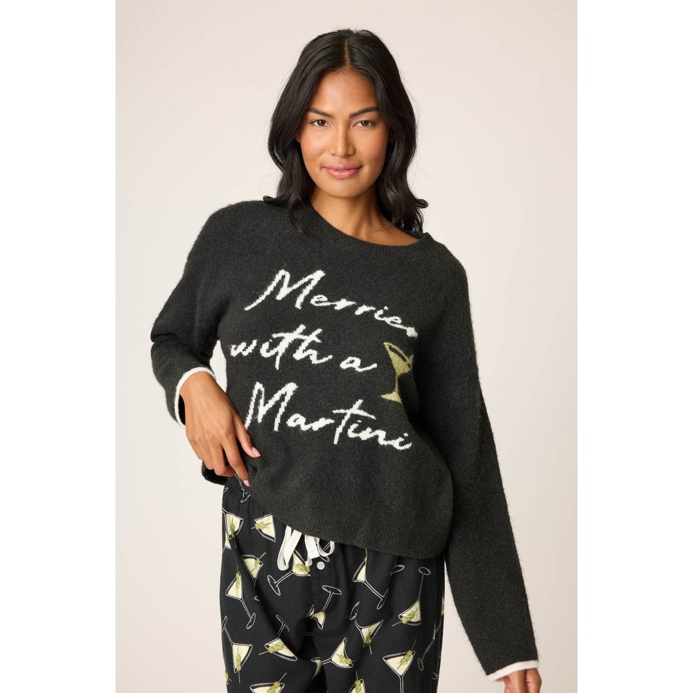 PJ Salvage Merrier with a Martini Pajama Set Charcoal Gray XS Sweater Shorts NEW